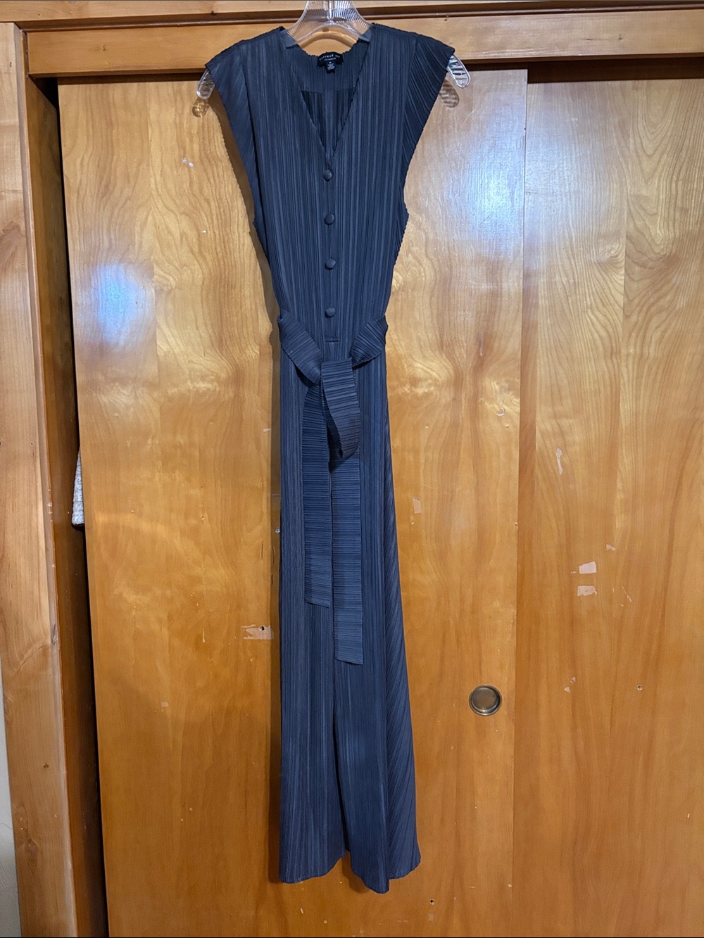 Current Air Black Pinstripe Sleeveless Button-Front Jumpsuit with Tie Belt